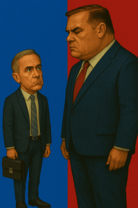 Smaller salesperson looking intimidated by larger authority figure in suit, symbolizing fear of challenging power in sales