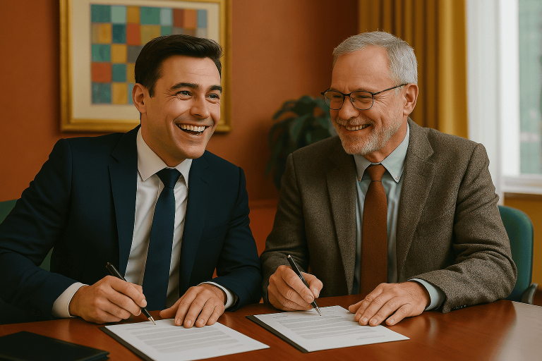 Smiling professionals at desk